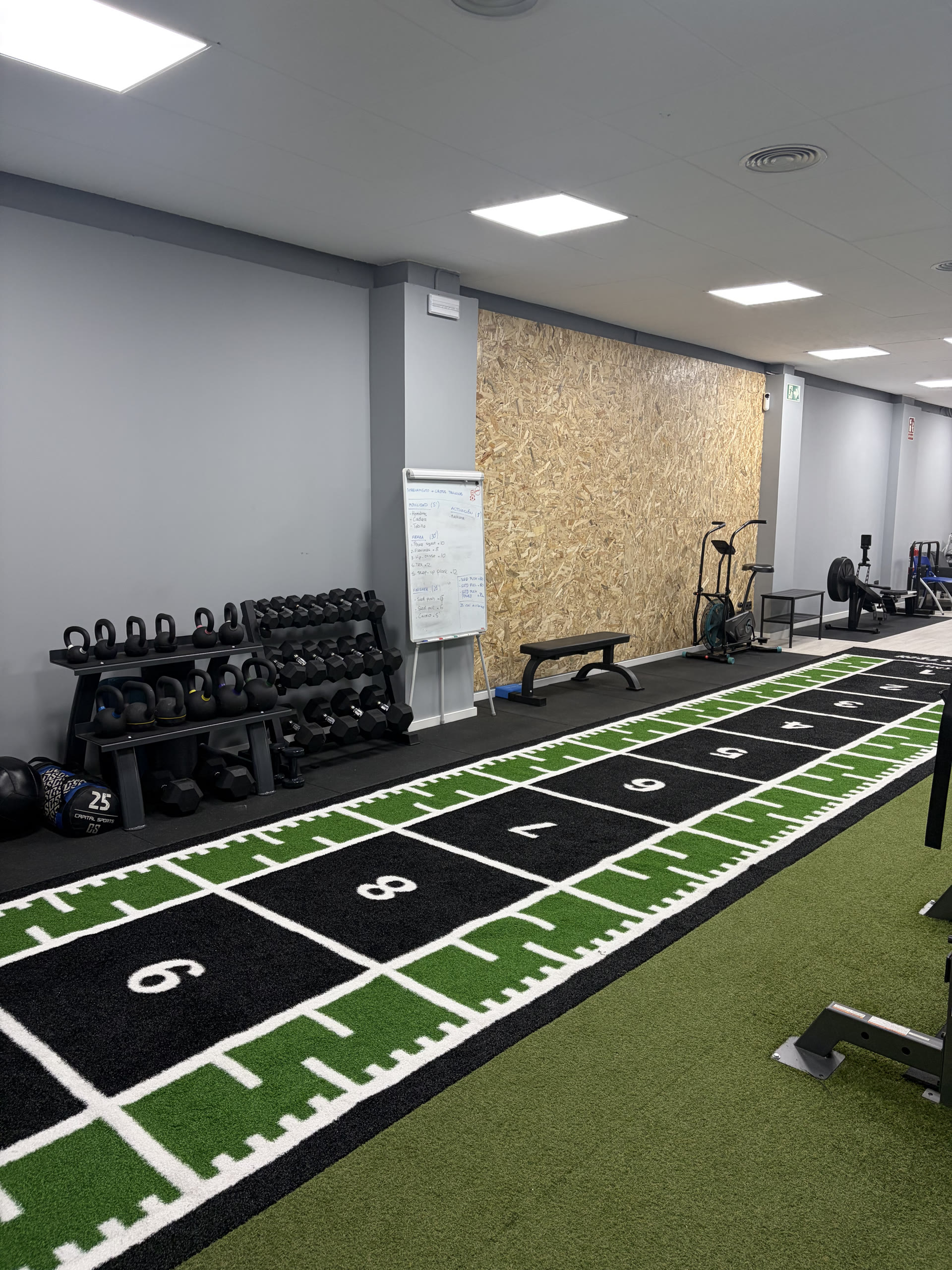 Zona de readaptación deportiva de NeuroFit con pista de césped y material de fuerza